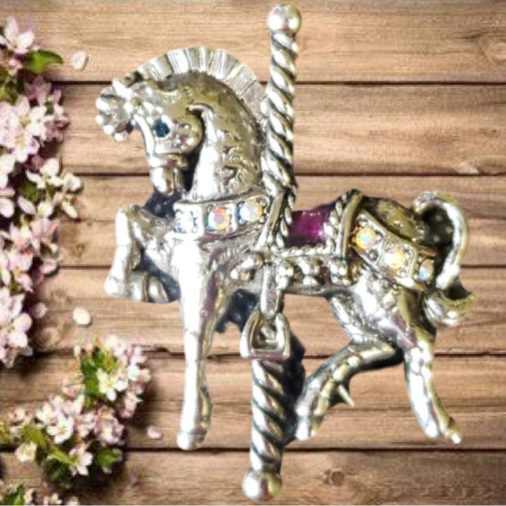 Vintage Danecraft Carousel Pony Horse Brooch Lapel Pin Crystal Rhinestone Silver